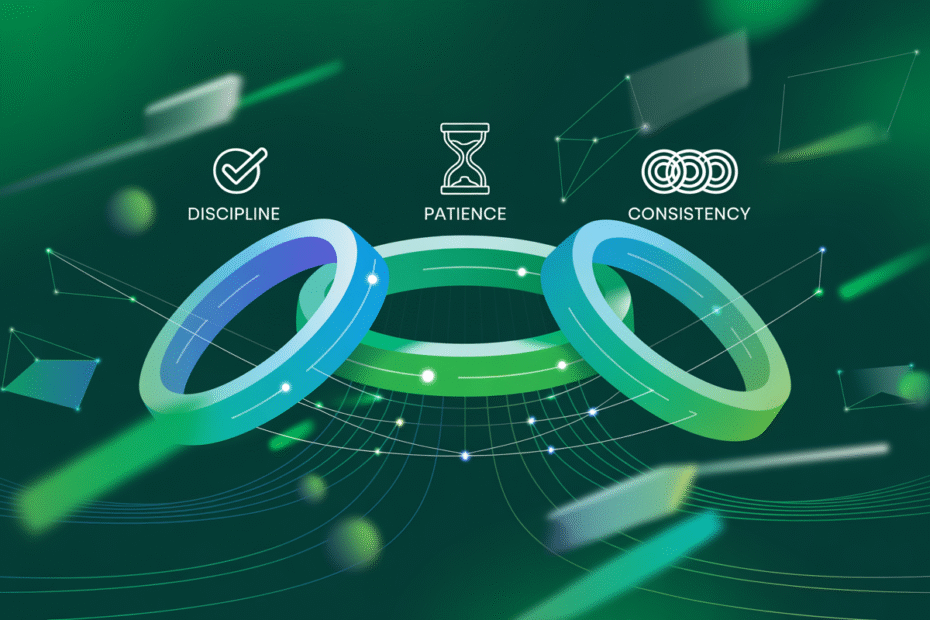 Illustration representing the formula of success with discipline, patience, and consistency.