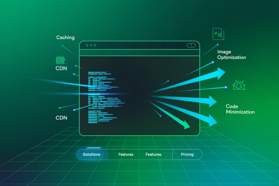 Illustration showing a website loading speed comparison, highlighting slow vs fast performance and optimization methods.