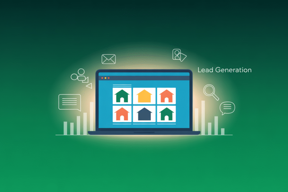 Illustration showing online strategies to generate real estate leads, including digital marketing and prospect engagement.