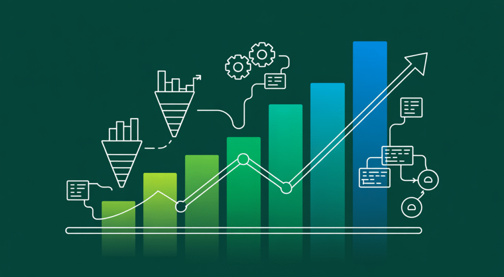 Illustration showing the tangible benefits of lead management software including increased sales conversion, improved team efficiency, enhanced lead nurturing, and data-driven decisions.