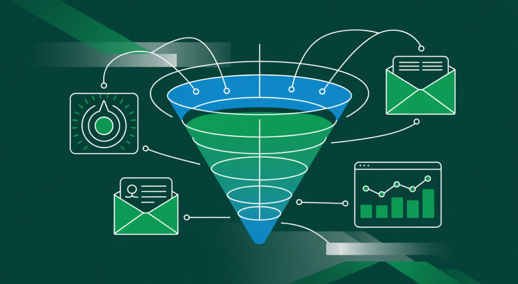 Illustration showing a real-world scenario of lead management software guiding an e-commerce customer through lead capture, email nurturing, targeted ads, lead scoring, and personalized sales conversion.