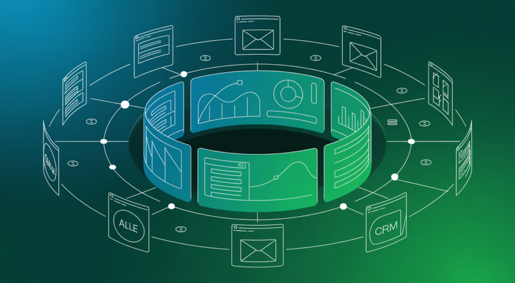 Illustration of lead management software key features including lead capture, lead tracking, lead scoring, automated nurturing, and CRM integration.